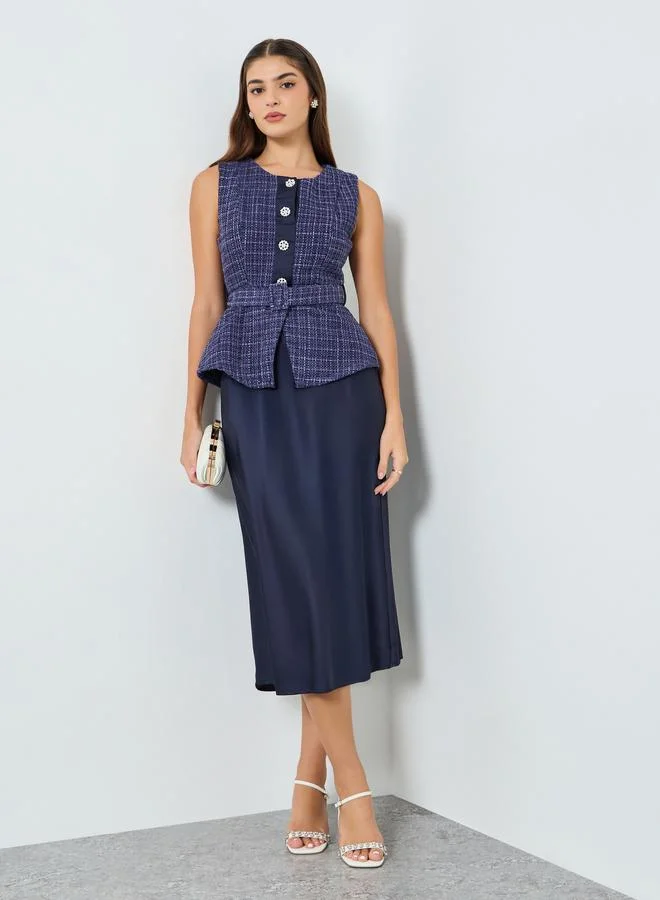 Styli Women Belted Tweed Look Midi Dress